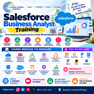 Salesforce Business Analyst Training course covering requirements gathering, process mapping, BRD/FRD documentation, Agile, user stories, Salesforce solution mapping, UAT testing, and a real-time project.