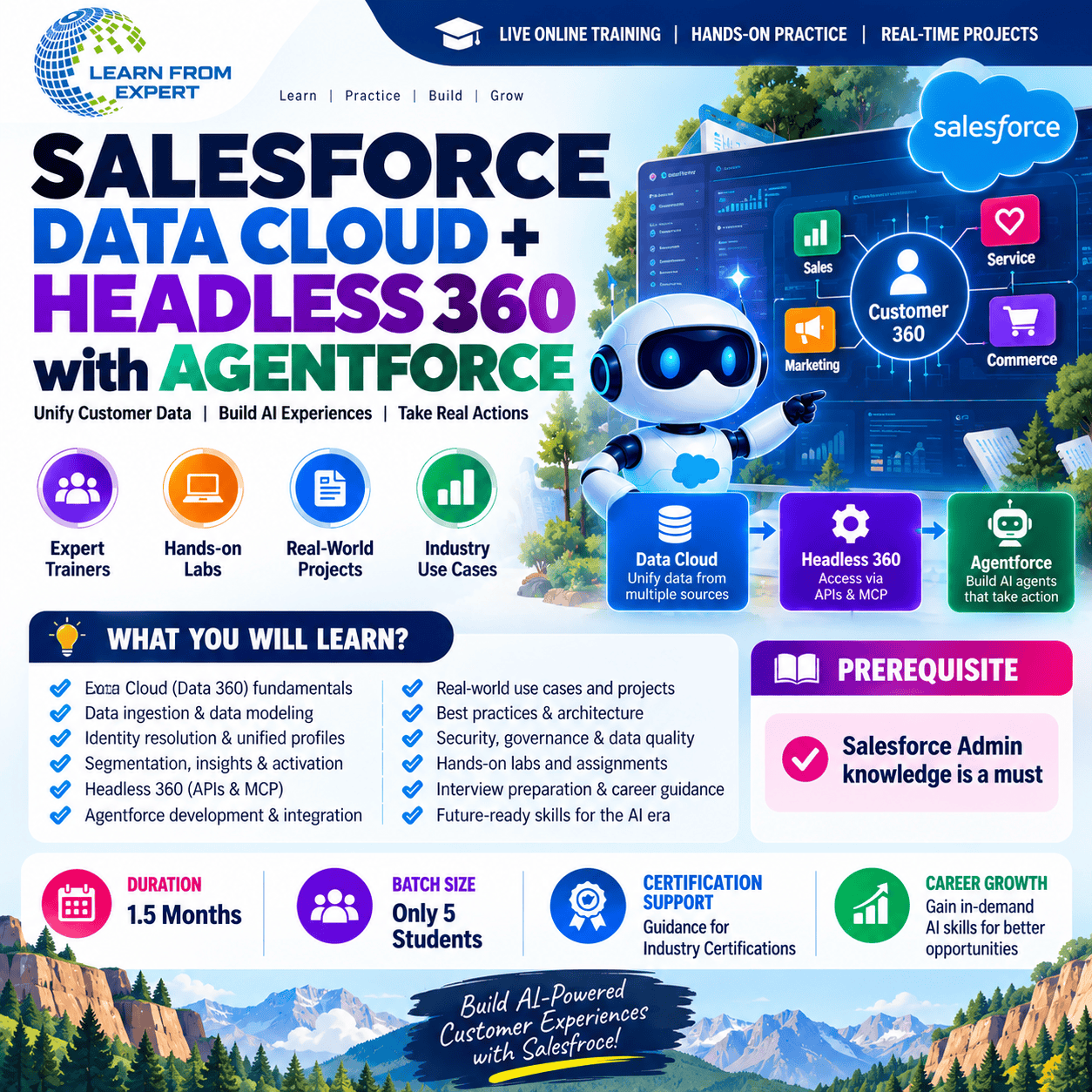 Learn From Expert Class Salesforce Data Cloud, Headless 360 and Agentforce training course with customer data unification, AI agents and integration topics